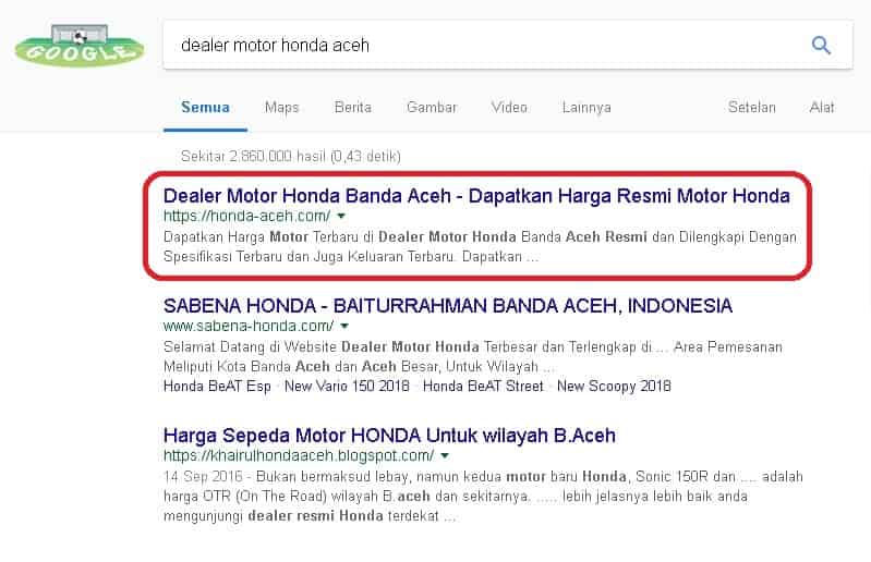 Klien yang sukses di Jasa SEO Website dengan keyword dealer motor honda aceh